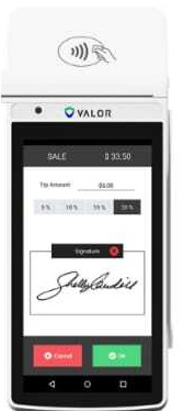Handheld terminal taking a tableside payment with a tip prompt and signature capture